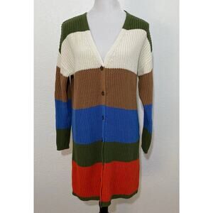 JW Style Size M Multicolor Color Block Ribbed Button Up Long Cardigan Casual